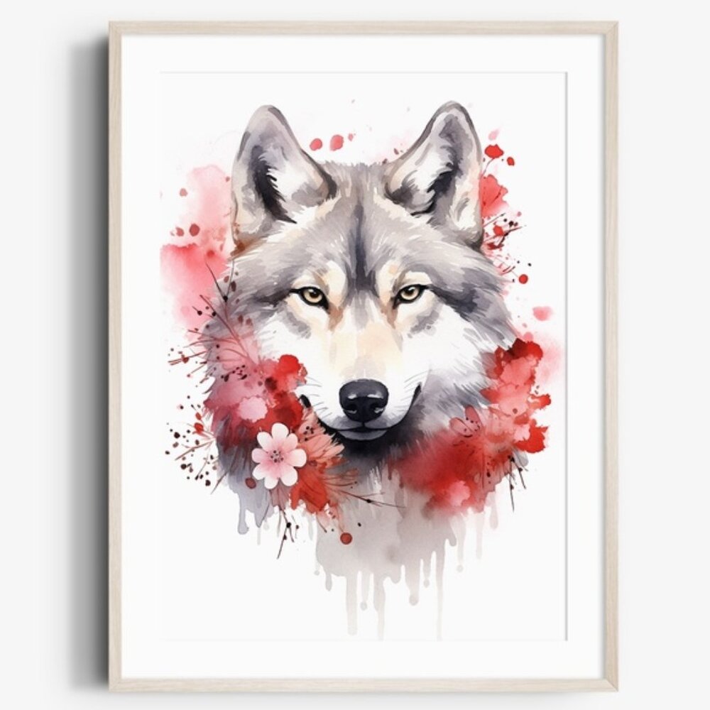 Watercolor Floral Wolf Portrait Wall Art Illustration Print Poster Unframed